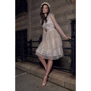 New RACHEL PARCELL Glitter Star Long Sleeve Tulle Mini Dress PARTY Pink Small